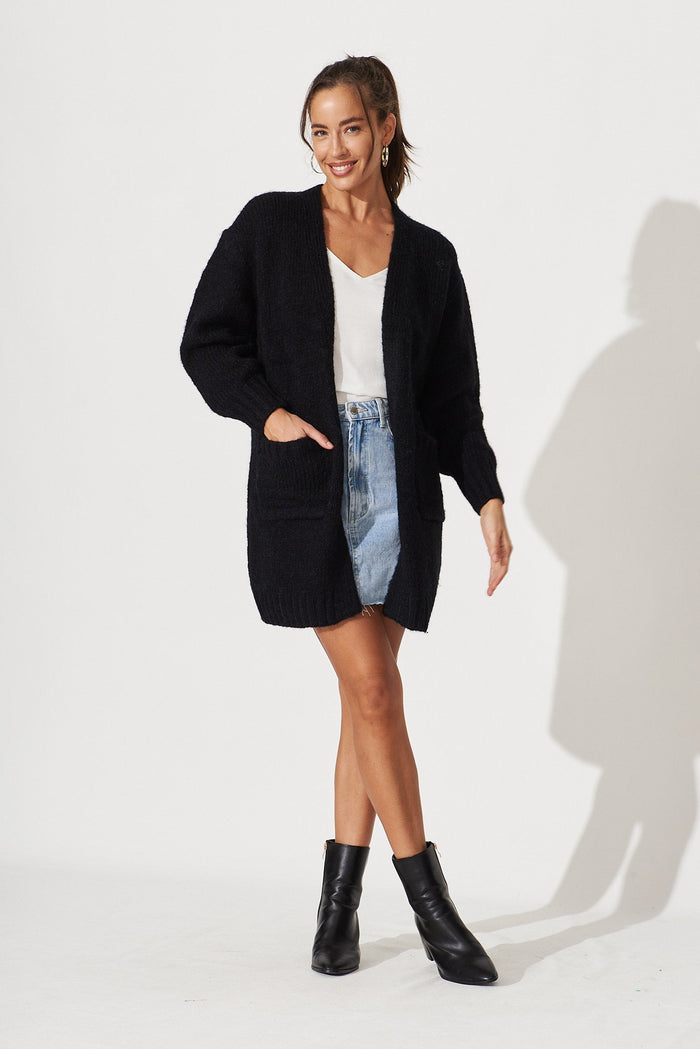 Hiroka Knit Cardigan In Black Wool Blend - full length