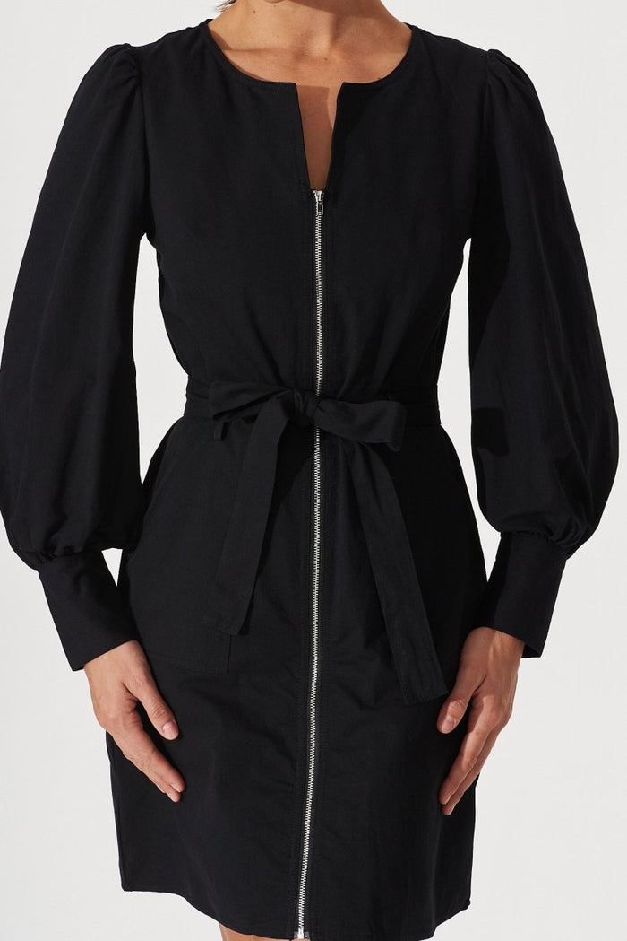 Cheviot Zip Dress In Black Cotton - St Frock (Dev)