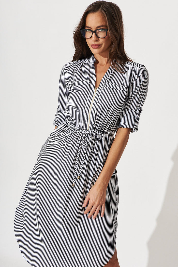 Rival Zip Dress In Black With White Stripe Cotton - front