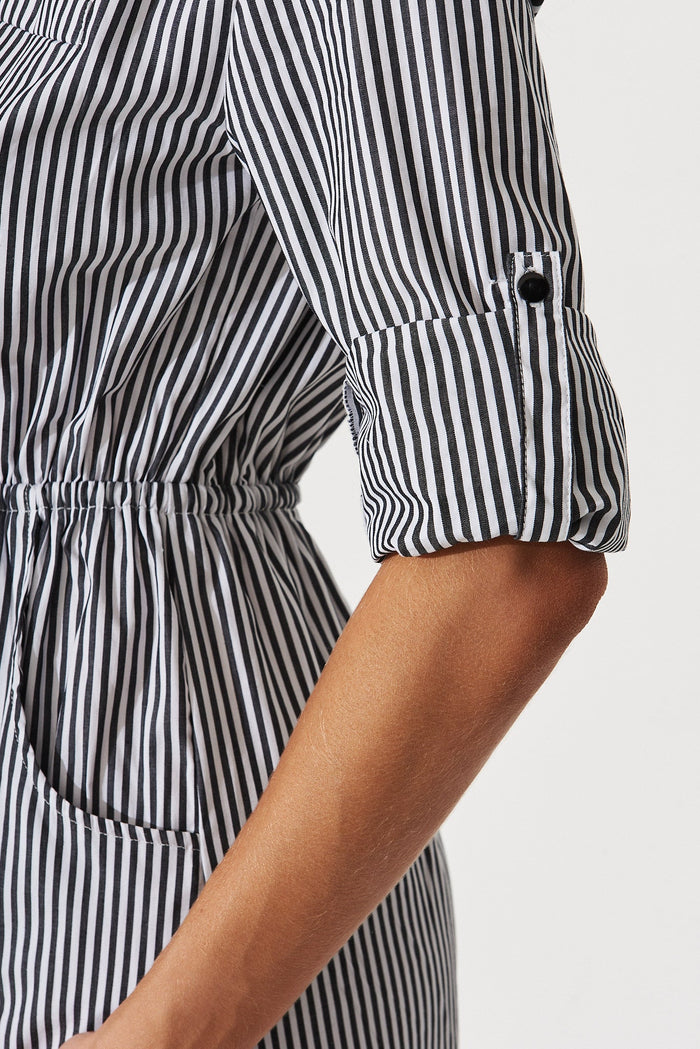 Rival Zip Dress In Black With White Stripe Cotton - detail