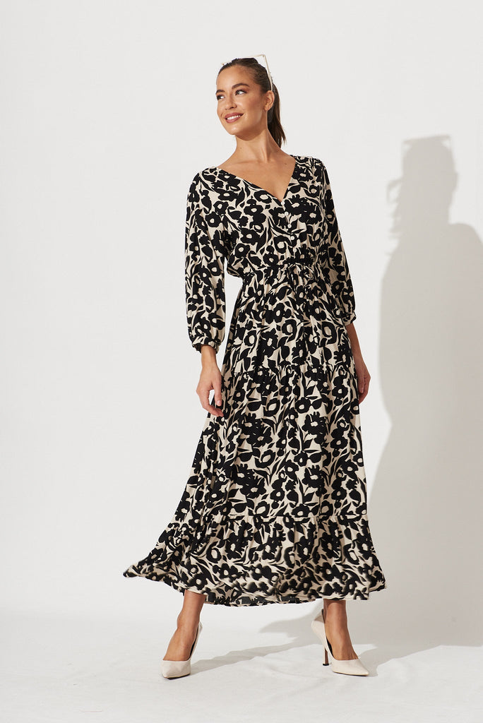 Caloundra Maxi Dress In Black With Cream Floral - full length