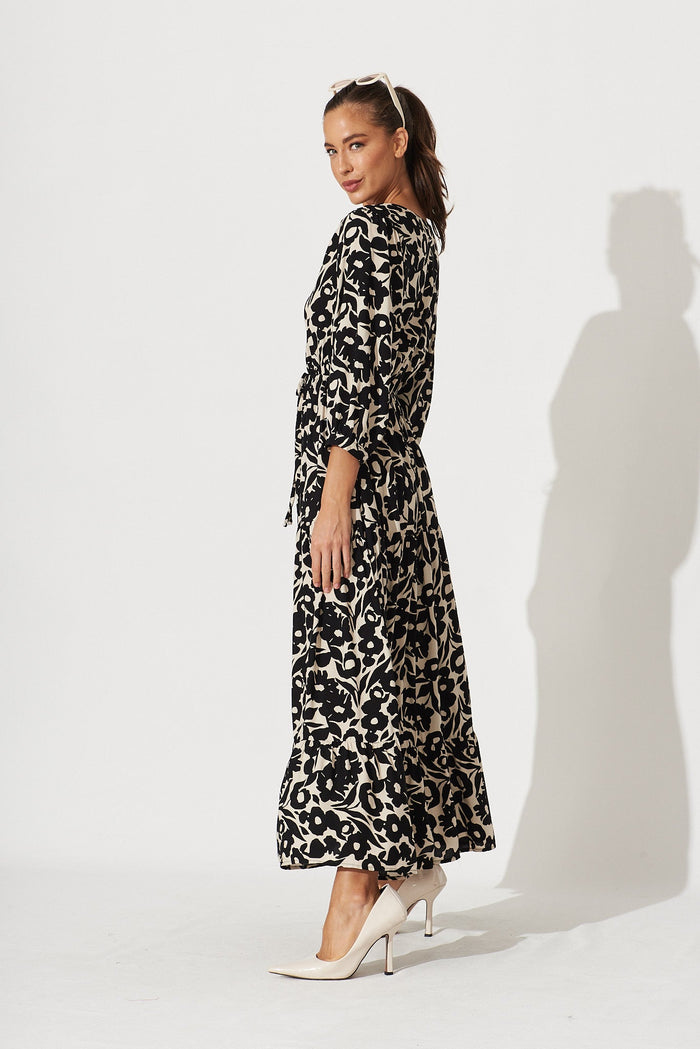 Caloundra Maxi Dress In Black With Cream Floral - side