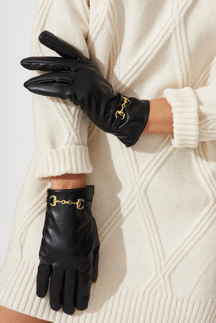 August + Delilah Poitiers PU Gloves In Black With Gold Buckle - front