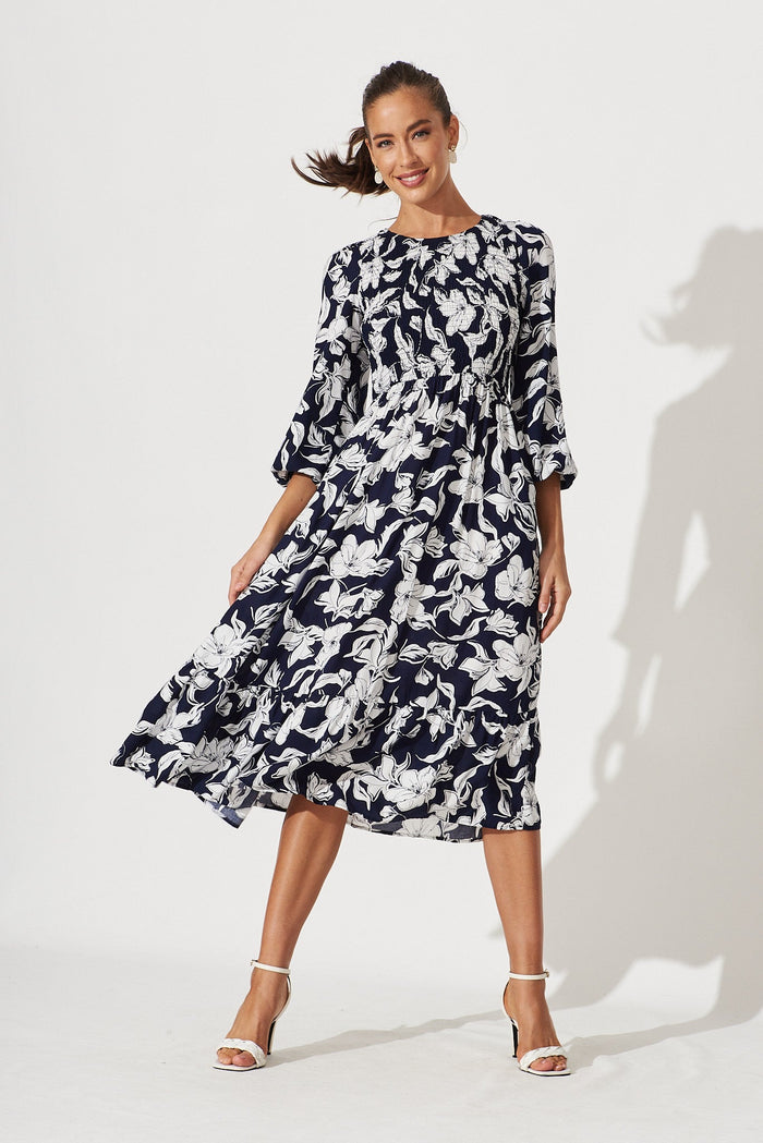 Noosa Midi Dress In Navy With White Floral - full length