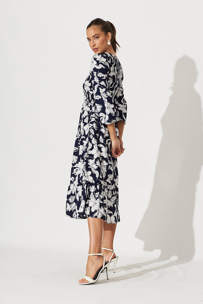 Noosa Midi Dress In Navy With White Floral - side