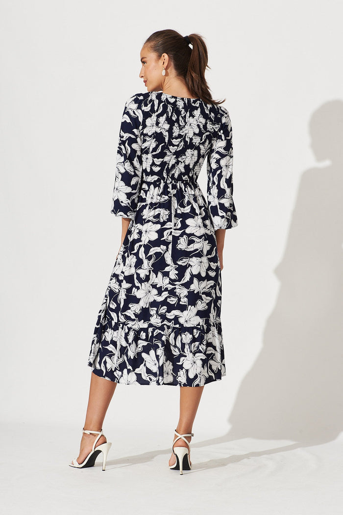 Noosa Midi Dress In Navy With White Floral - back
