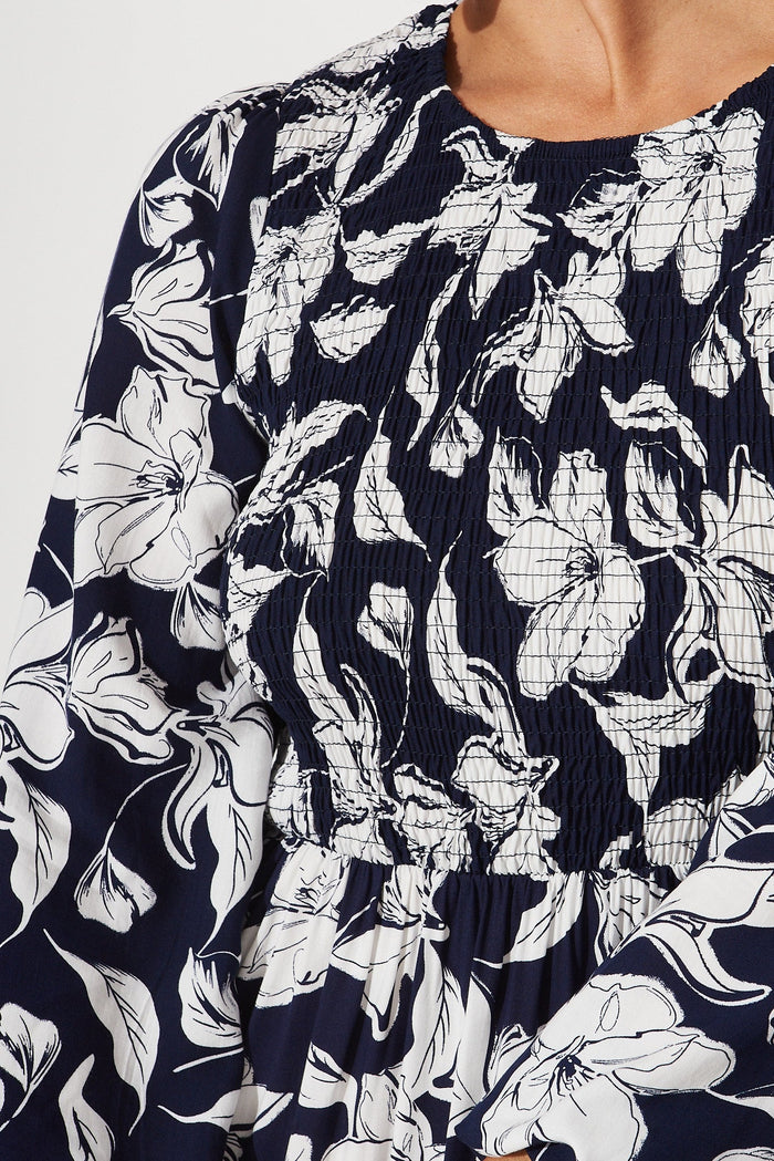 Noosa Midi Dress In Navy With White Floral - detail