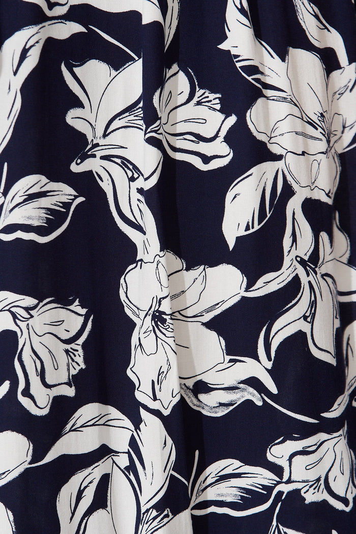 Noosa Midi Dress In Navy With White Floral - fabric