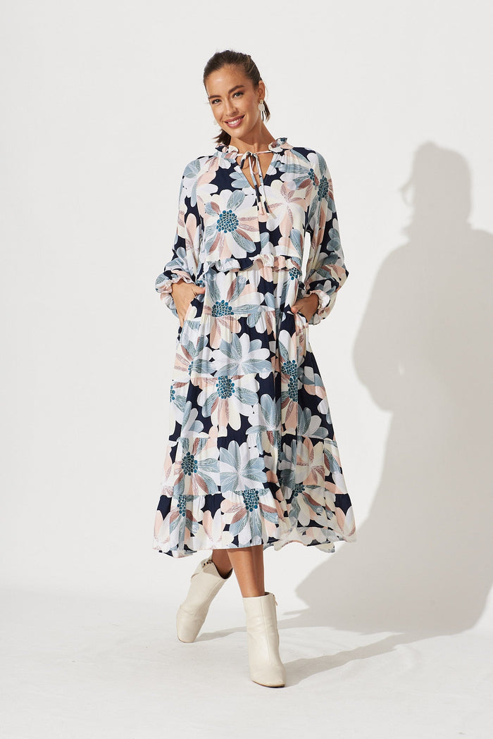 Mapleton Midi Smock Dress In Navy With Brown Floral - full length