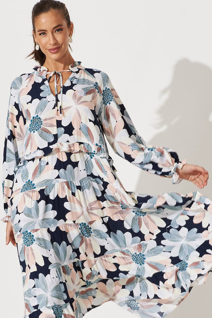 Mapleton Midi Smock Dress In Navy With Brown Floral - front