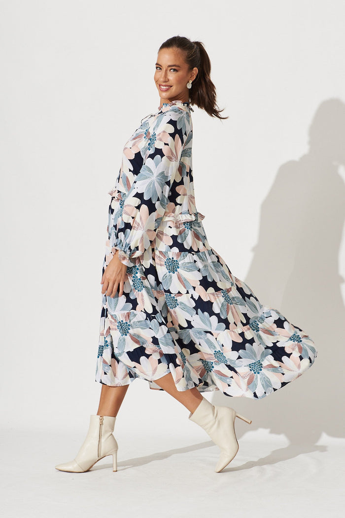 Mapleton Midi Smock Dress In Navy With Brown Floral - side