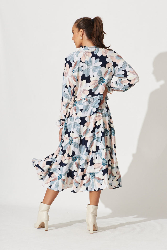 Mapleton Midi Smock Dress In Navy With Brown Floral - back