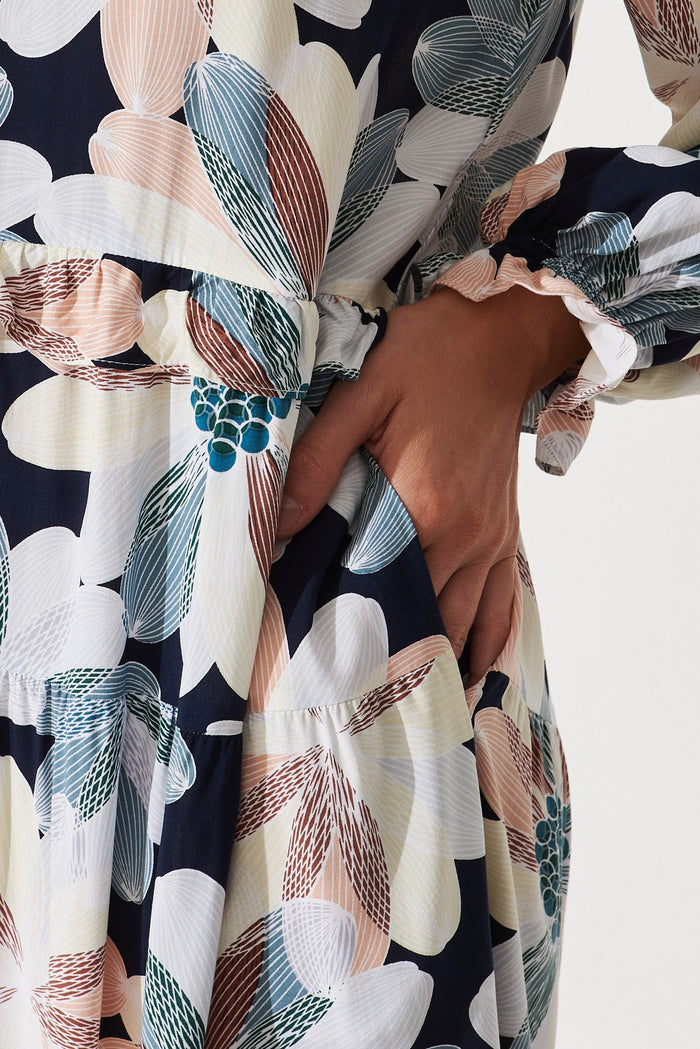 Mapleton Midi Smock Dress In Navy With Brown Floral - detail