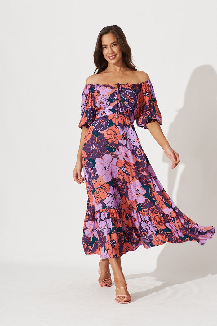 Poppy Midi Dress In Purple With Pink Floral - full length