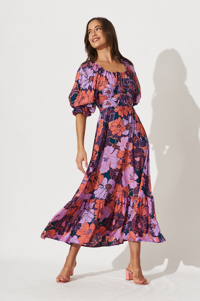 Poppy Midi Dress In Purple With Pink Floral - full length