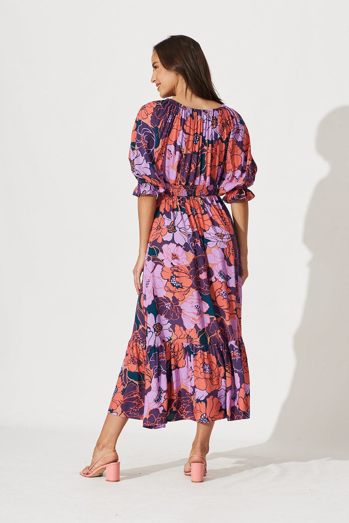 Poppy Midi Dress In Purple With Pink Floral - back