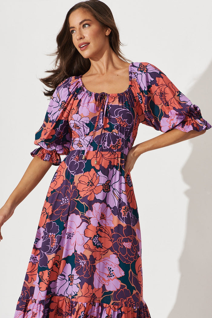 Poppy Midi Dress In Purple With Pink Floral - front