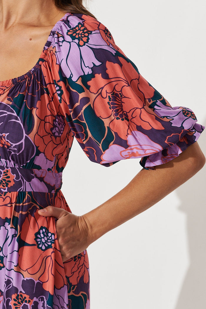 Poppy Midi Dress In Purple With Pink Floral - detail