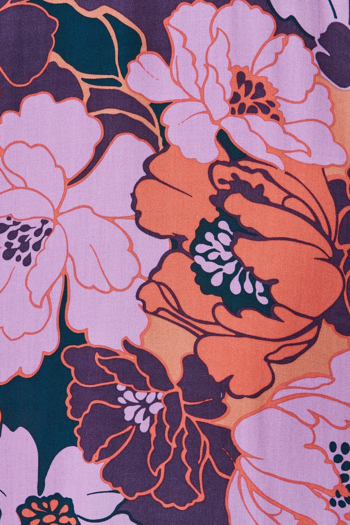 Poppy Midi Dress In Purple With Pink Floral - fabric