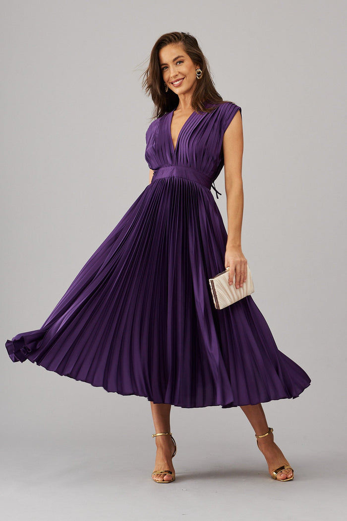 Anetta Midi Dress In Pleated In Purple Satin - St Frock (Dev)