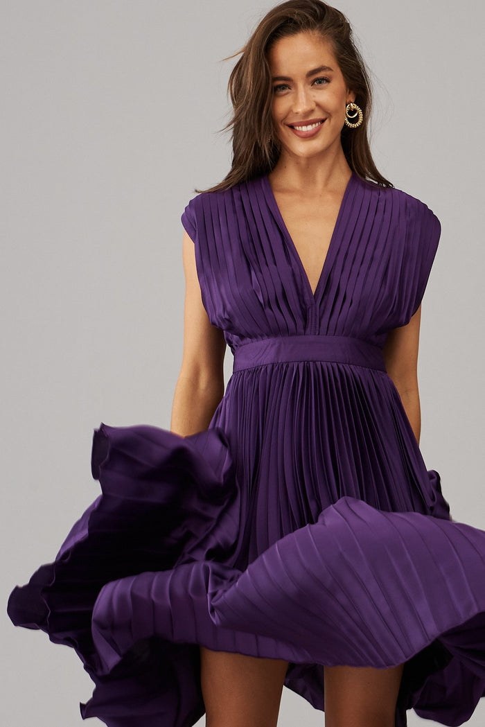 Anetta Midi Dress In Pleated In Purple Satin - St Frock (Dev)