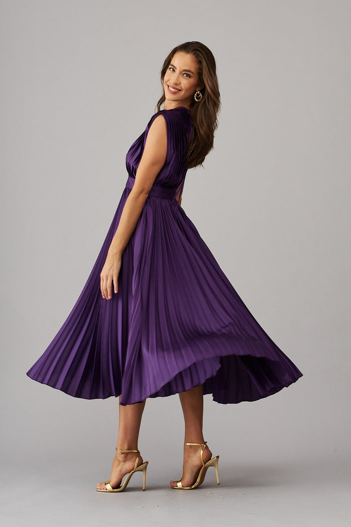 Anetta Midi Dress In Pleated In Purple Satin - St Frock (Dev)