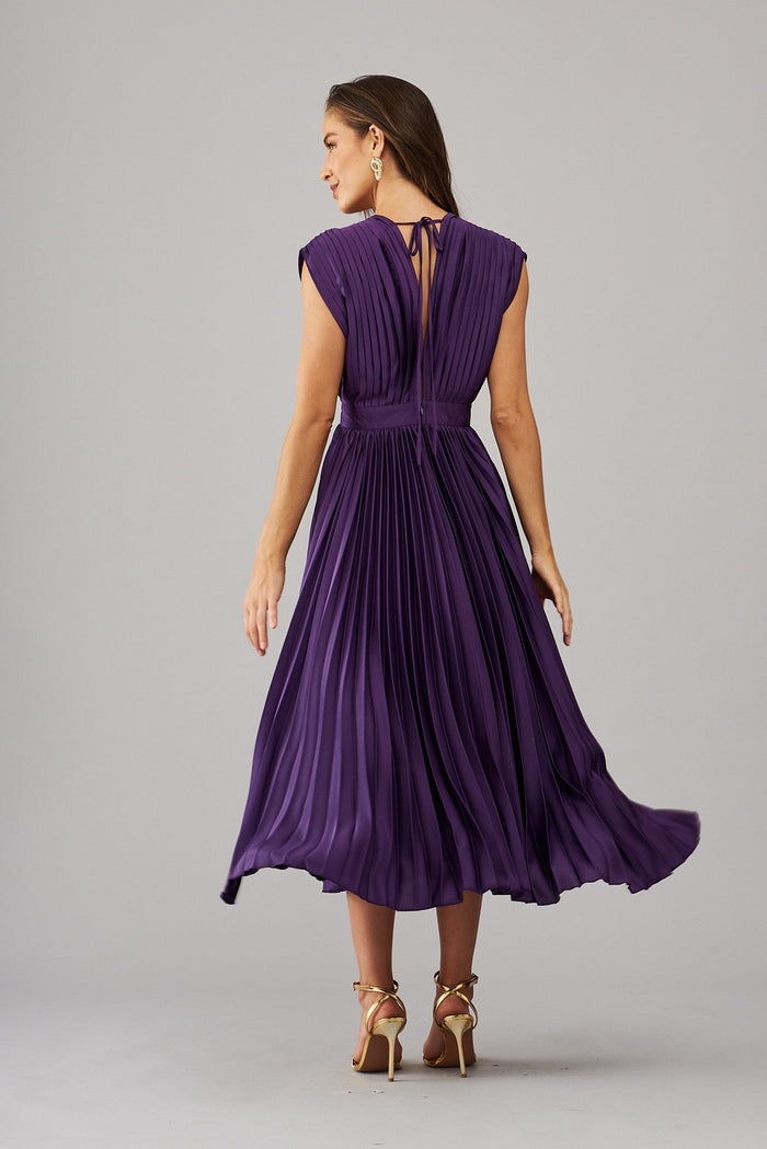 Anetta Midi Dress In Pleated In Purple Satin - St Frock (Dev)