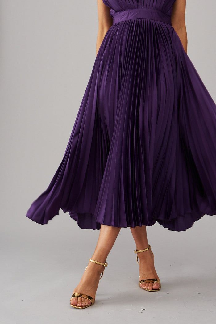 Anetta Midi Dress In Pleated In Purple Satin - St Frock (Dev)