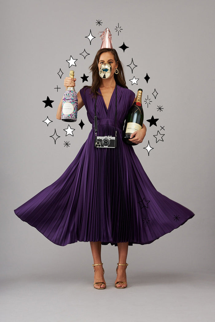 Anetta Midi Dress In Pleated In Purple Satin - St Frock (Dev)