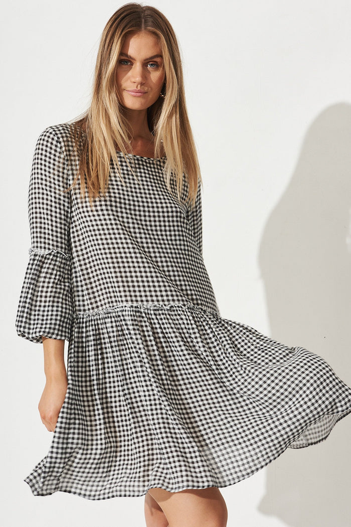 Karmen Smock Dress In Black And White Gingham - Front