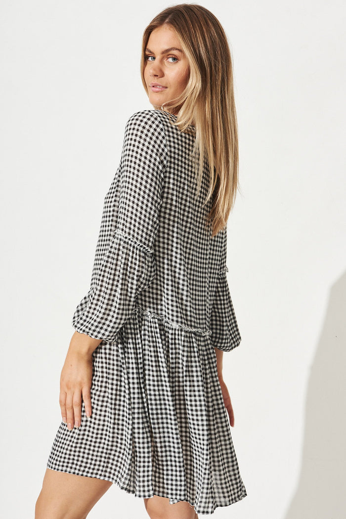 Karmen Smock Dress In Black And White Gingham - Side Back