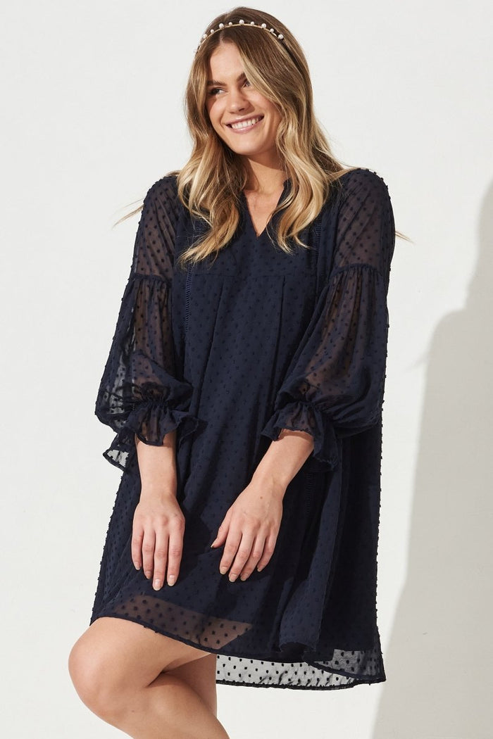 Carerra Dress In Navy Swiss Dot Chiffon - St Frock (Dev)