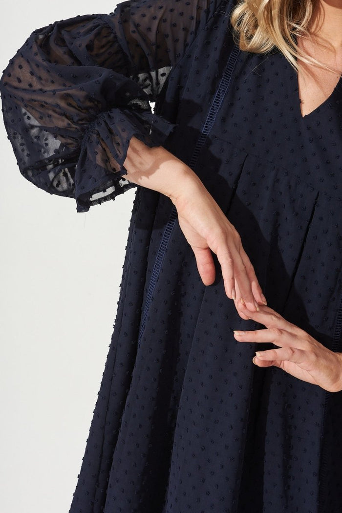 Carerra Dress In Navy Swiss Dot Chiffon - St Frock (Dev)