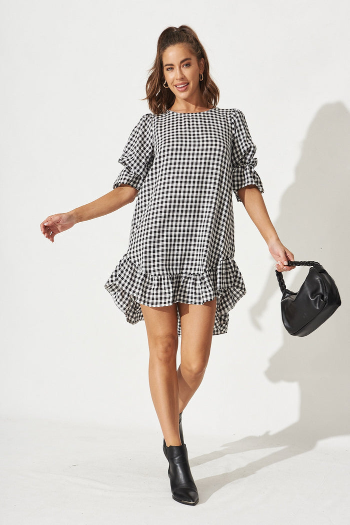 Loveline Dress In Black With White Gingham - Full Length
