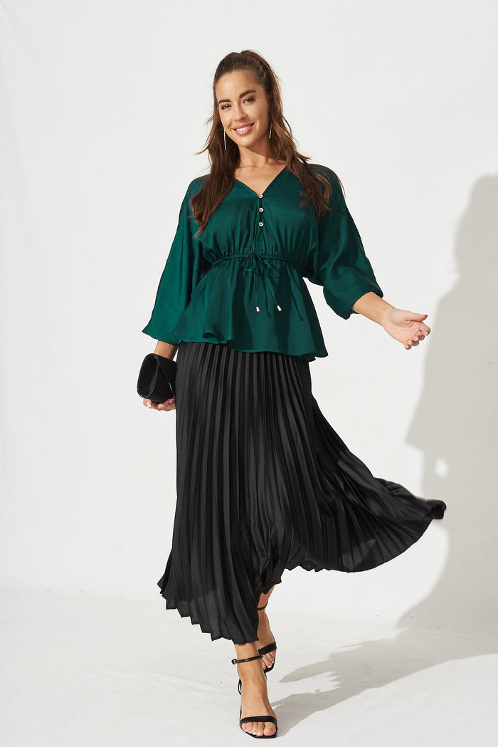 Verity V Neck Top In Emerald Green Satin - Full Length