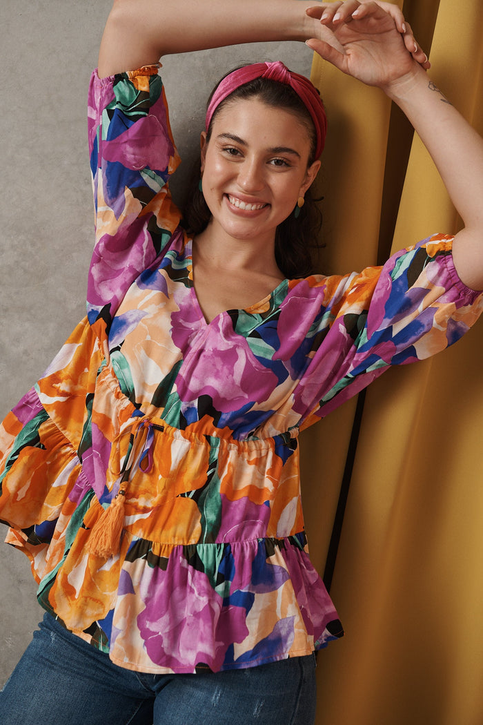 Ellen Top in Multi Floral - Front