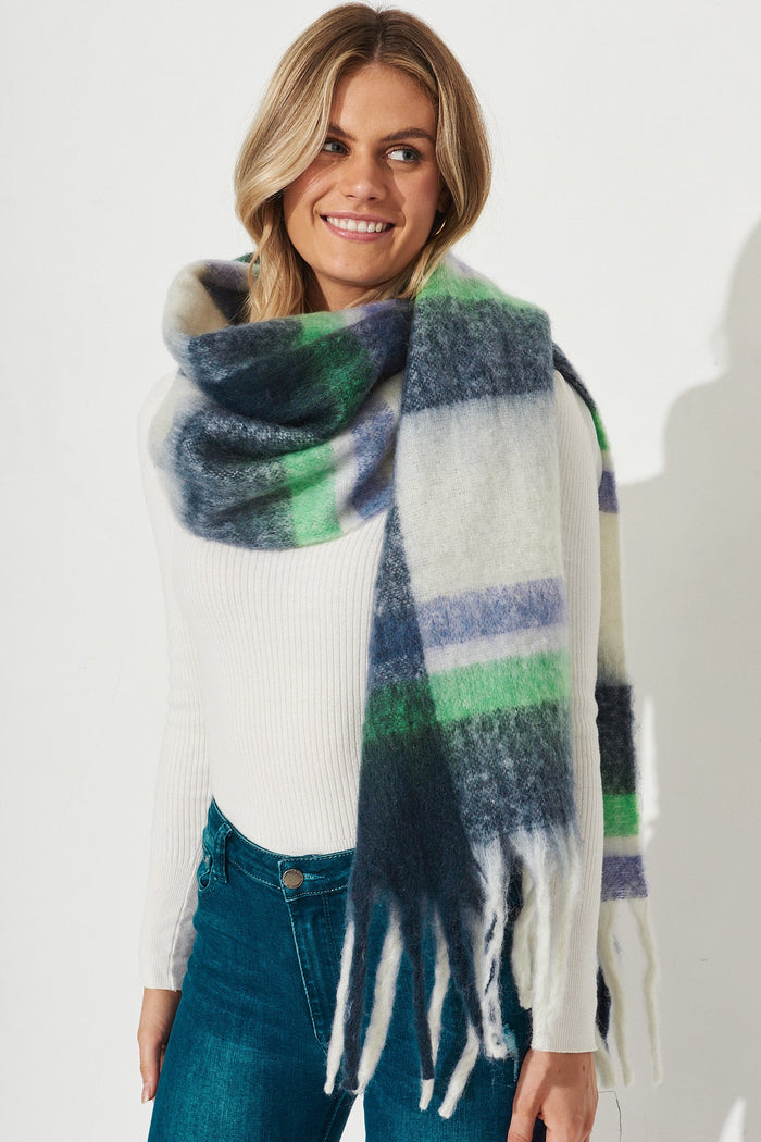 August + Delilah Sible Knit Scarf In Navy Check - Front Detail