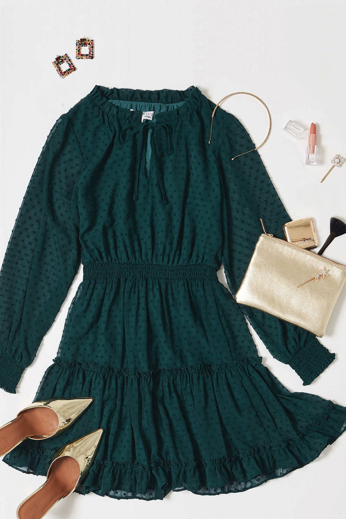 Vittie Dress In Emerald Swiss Dot Chiffon - Flatlay