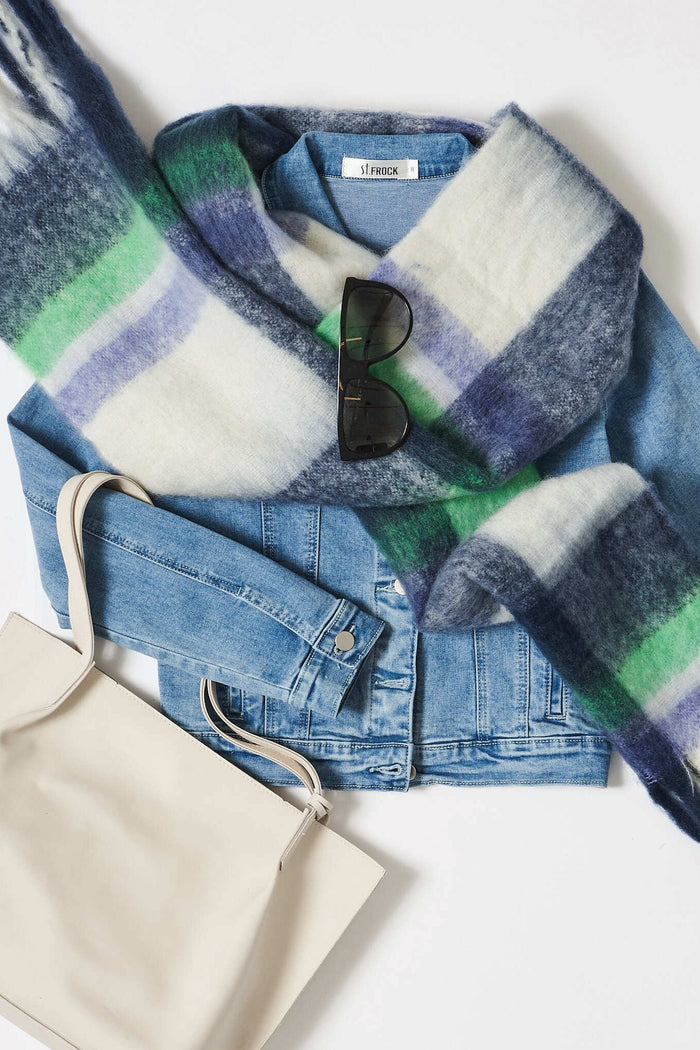 August + Delilah Sible Knit Scarf In Navy Check - Flatlay