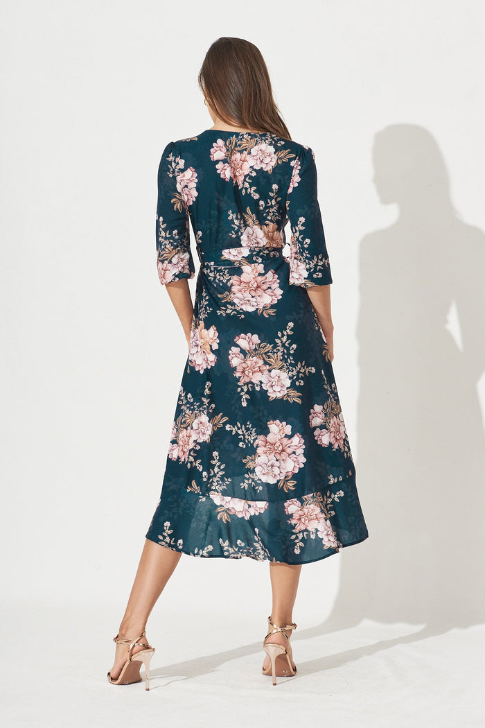 Cora Midi Dress In Teal With Blush Floral - Back