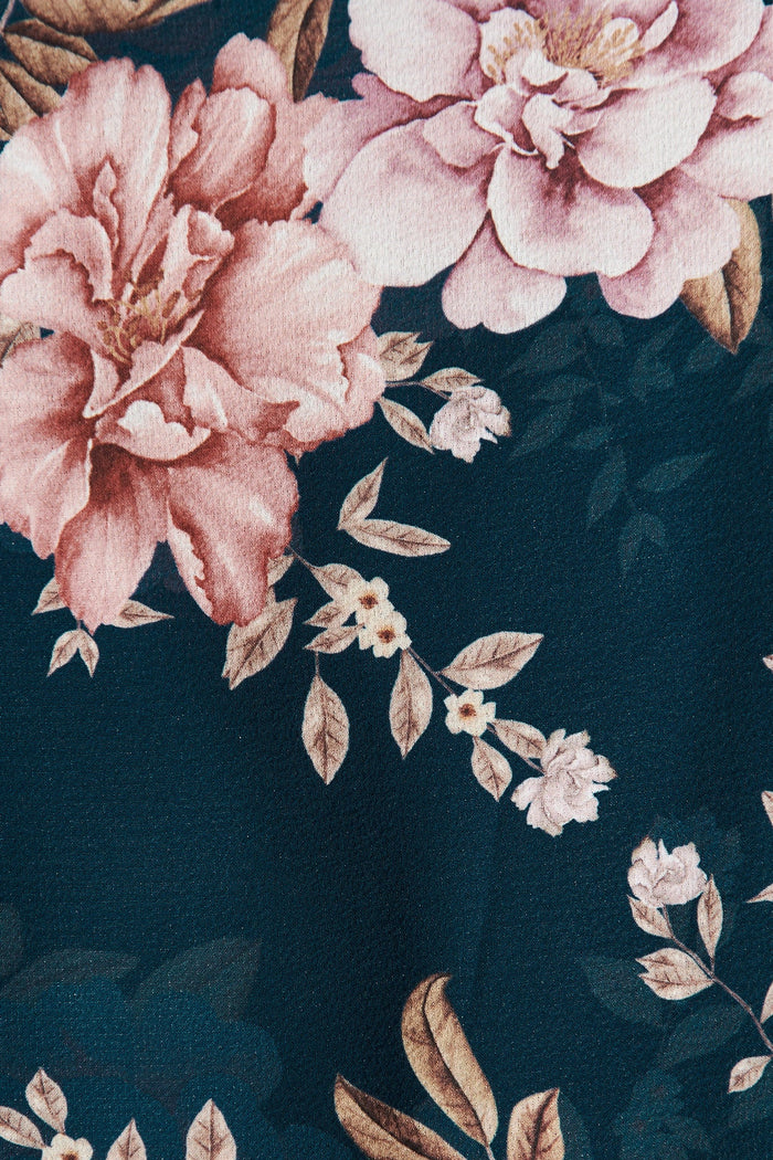Cora Midi Dress In Teal With Blush Floral - Fabric