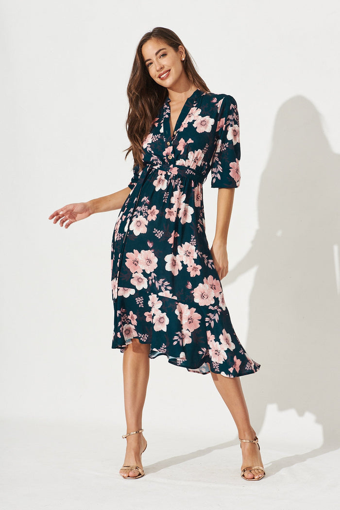Jemimah Midi Dress in Teal with Blush Floral - Full Length