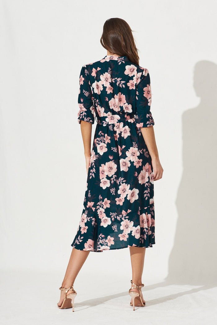 Jemimah Midi Dress in Teal with Blush Floral - Back