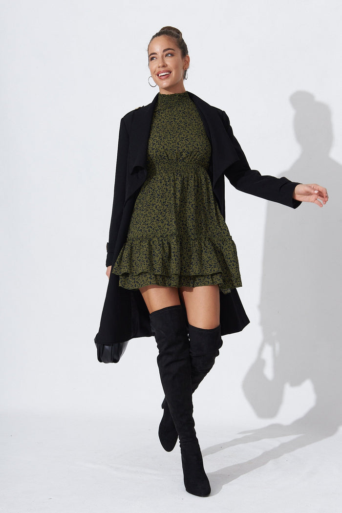 Audree High Neck Dress In Emerald Leaf Print - Full Length Detail