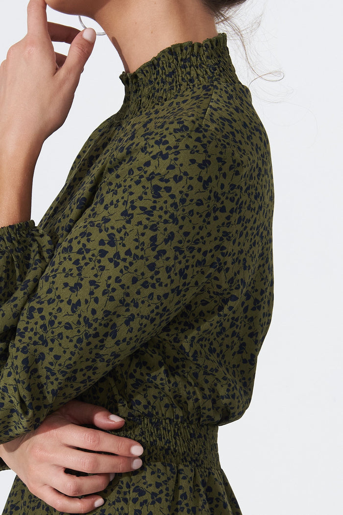 Audree High Neck Dress In Emerald Leaf Print - Detail