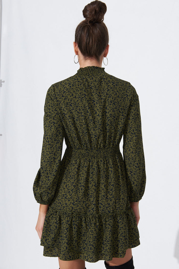 Audree High Neck Dress In Emerald Leaf Print - Back