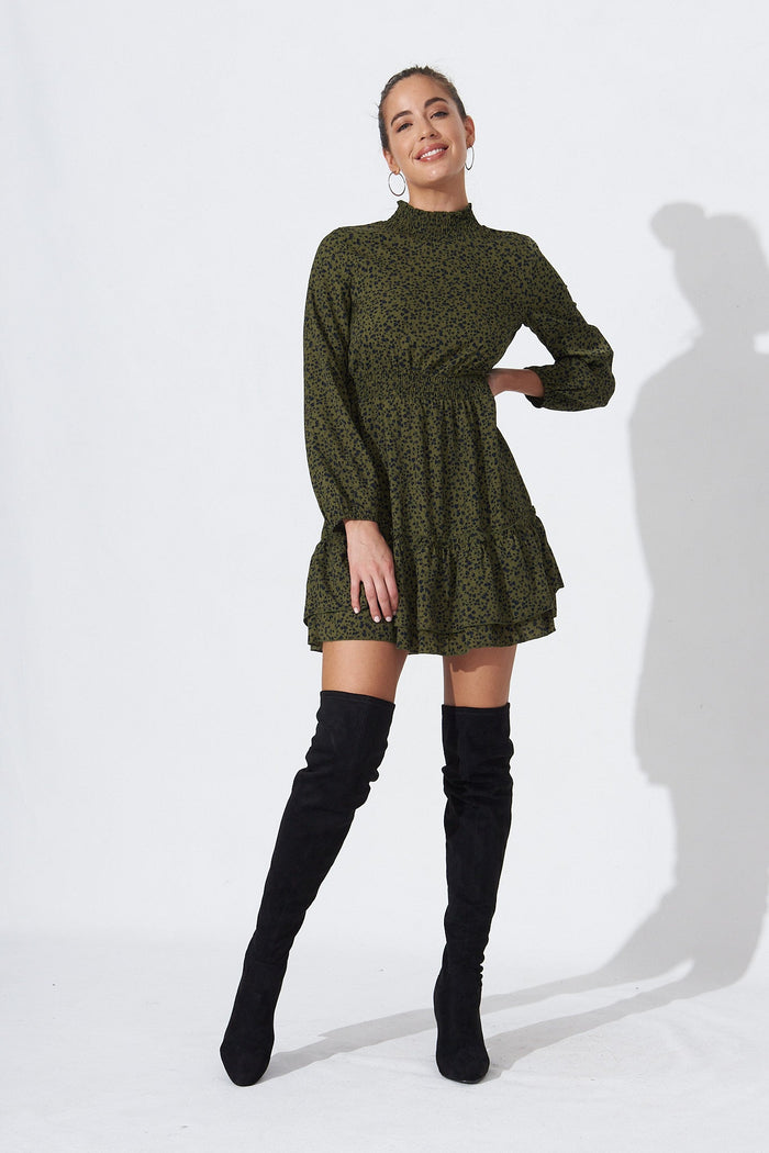 Audree High Neck Dress In Emerald Leaf Print - Full Length