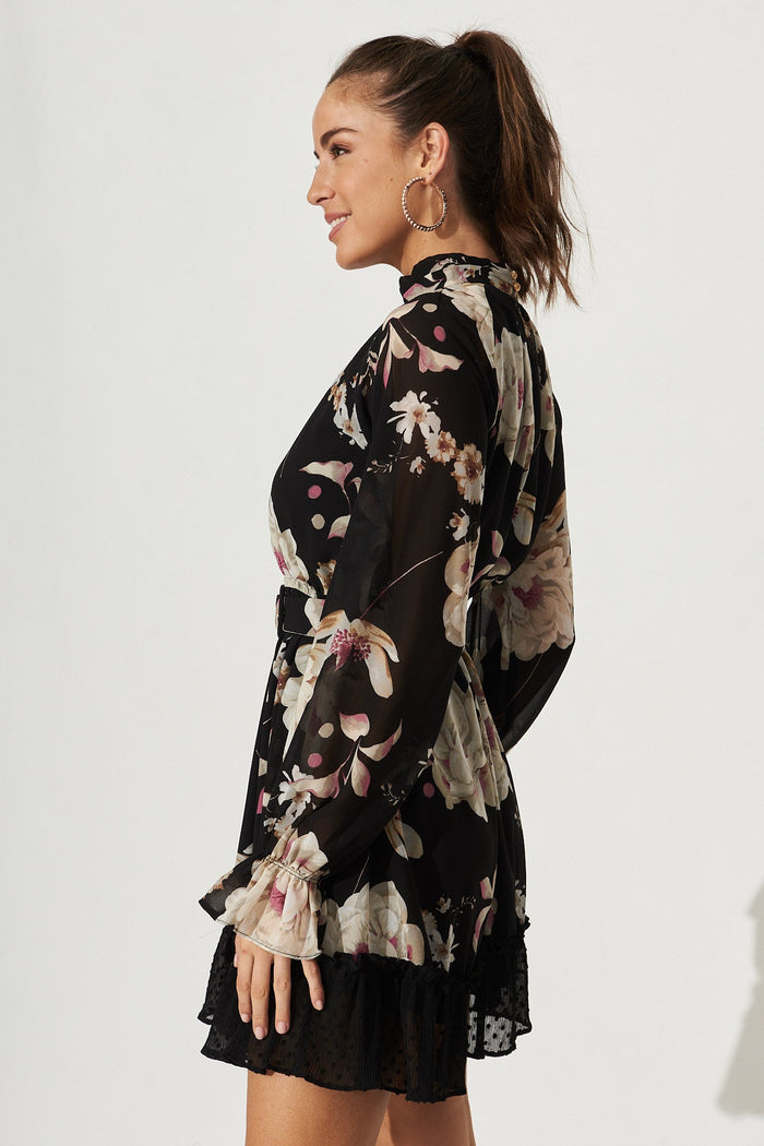 Azalea Dress In Black Floral Chiffon - Side