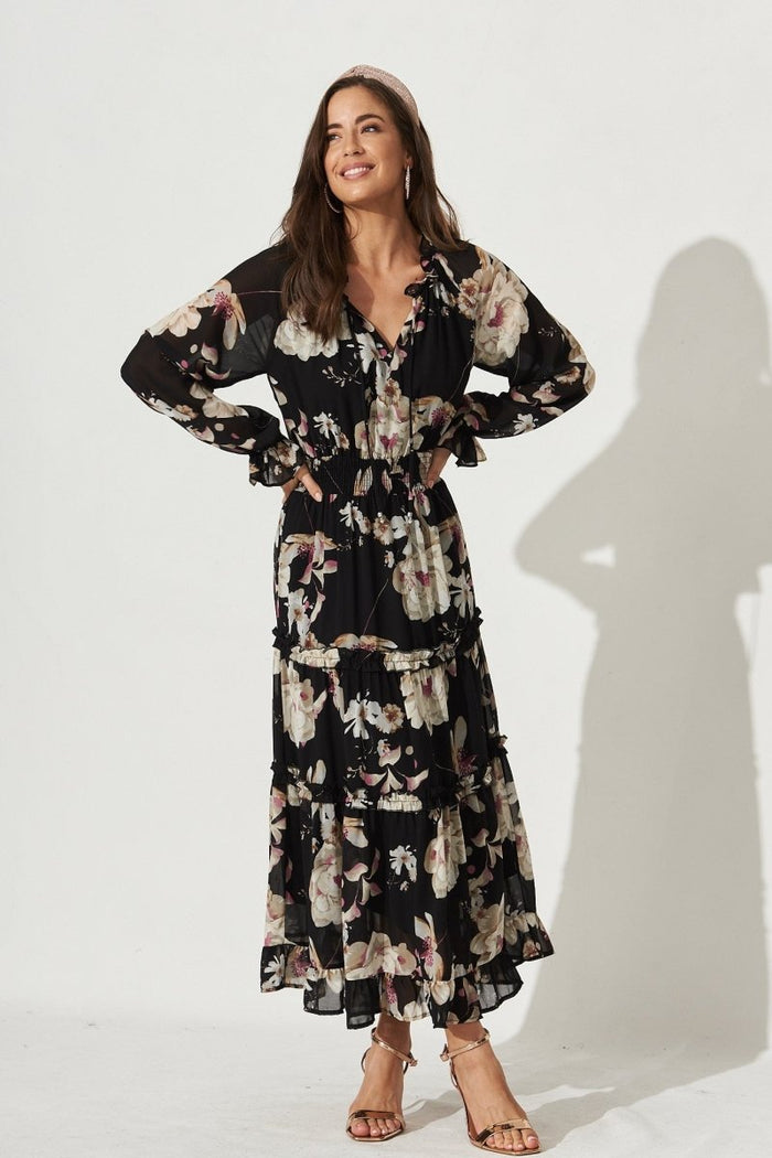 Candise Maxi Dress In Black Floral Chiffon - St Frock (Dev)