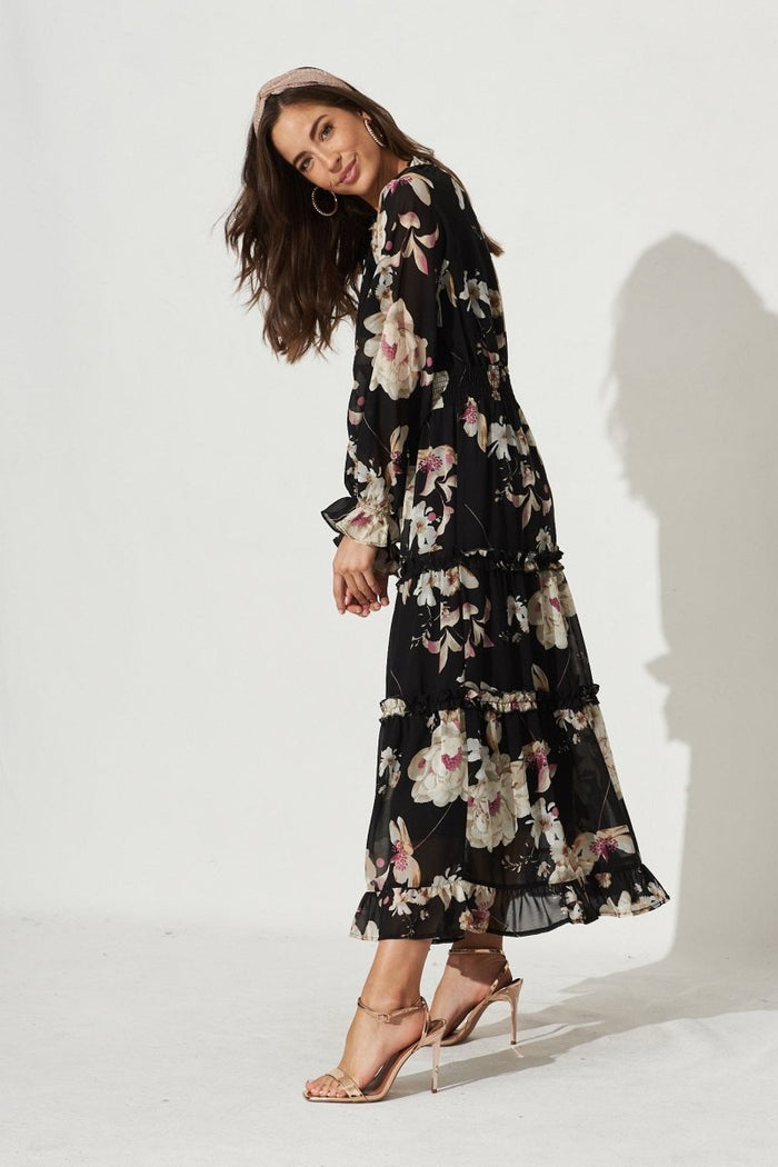 Candise Maxi Dress In Black Floral Chiffon - St Frock (Dev)
